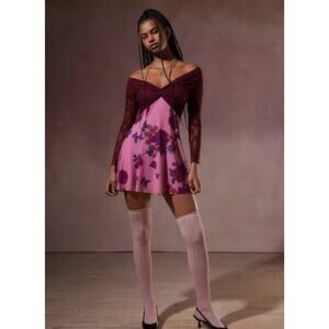 Kimchi Blue Women Lace Shoulder  Floral Mini Dress Sz.Med dark Pink Whimsygoth